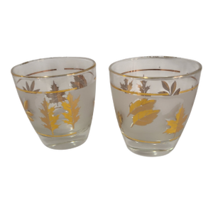 Pair of Late 20th Century Libbey Lowball Tumblers Frosted Gold Leaf Pattern