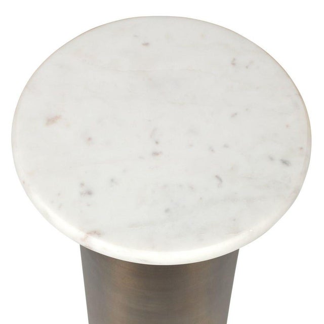 Narrow round brass finish aluminum cylinder base end table with white marble top. Elegant and sophisticated with a...