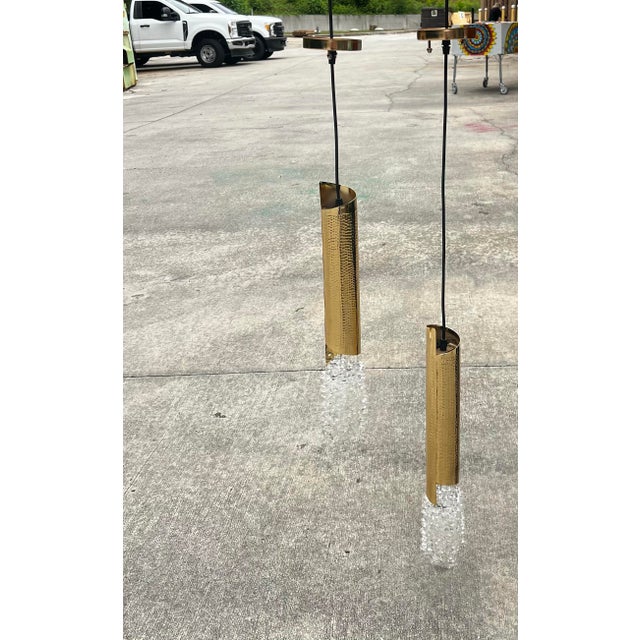1970s Hand Hammered Gold Tube Hanging Crystal Pendant Lights - a Pair For Sale - Image 10 of 10