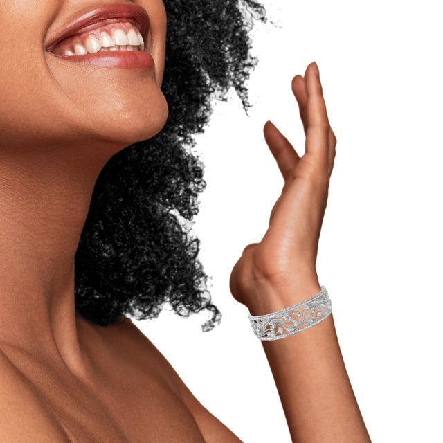 18K White Gold 3 1/4 Cttw Pave Diamond Openwork Floral Filigree Swirl Bangle Cuff Bracelet For Sale - Image 4 of 5