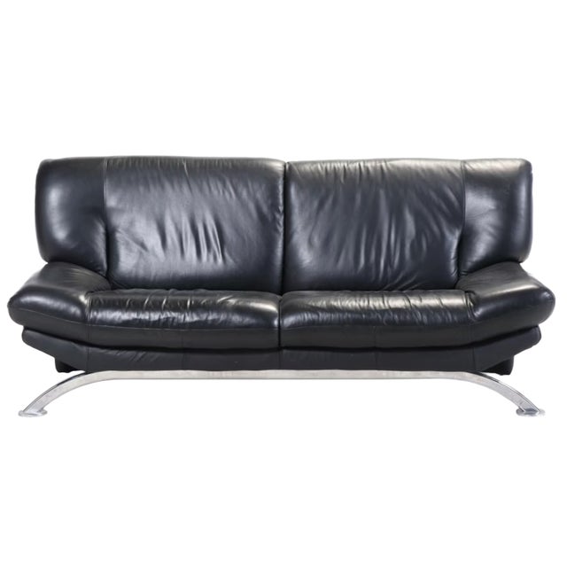 Late 20th Century Postmodern Nicoletti Salotti Attributed Black Italian Leather Sofa For Sale - Image 4 of 7