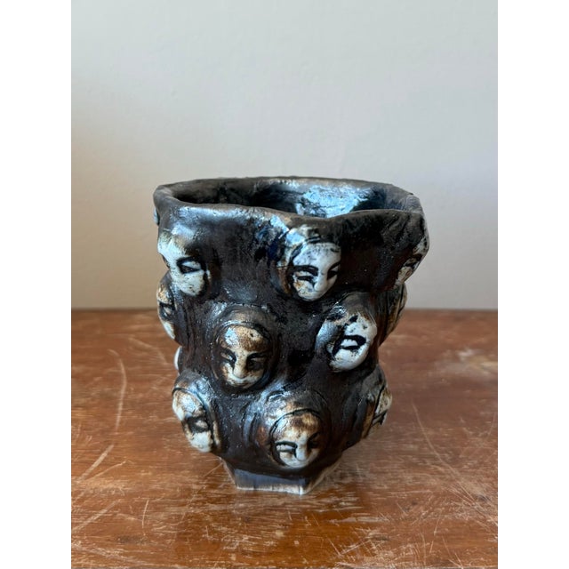 Abstract Vintage Brutalist Ceramic Vessel With Mask Motif For Sale - Image 3 of 5