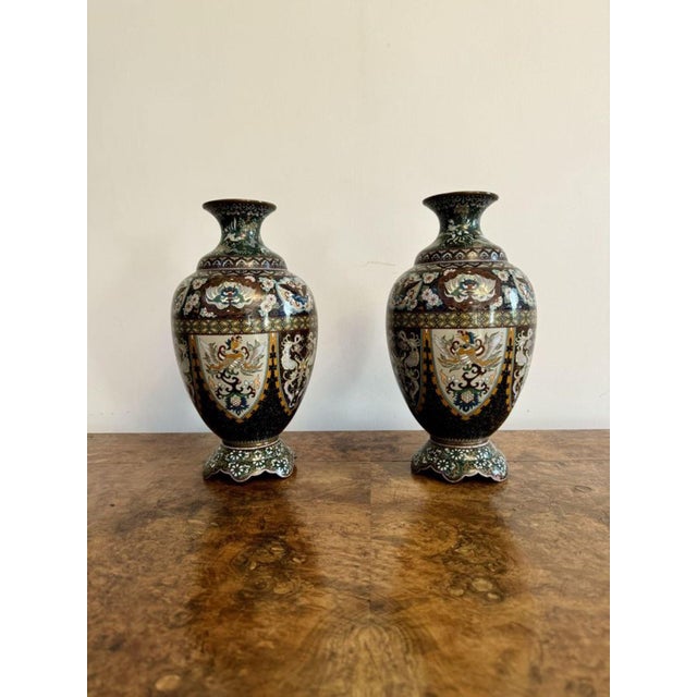Superb quality pair of antique 19th century cloisonné enamel vases, having a quality pair of cloisonné unusual shaped...