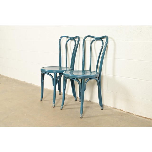 Jacob & Josef Kohn Jacob & Josef Kohn Antique Austrian Teal Lacquered Bentwood Bistro Chairs or Dining Chairs, Pair For Sale - Image 4 of 16