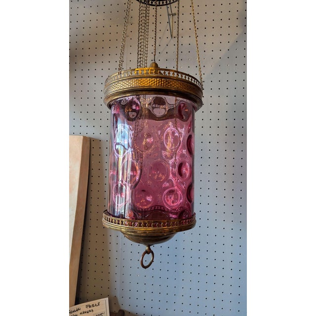Metal Victorian Cranberry Pull Down Lantern For Sale - Image 7 of 10