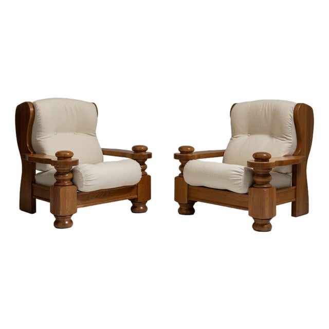 Pair of 1970s French Chestnut Brown Brutalist Oak Upholstered Armchairs For Sale