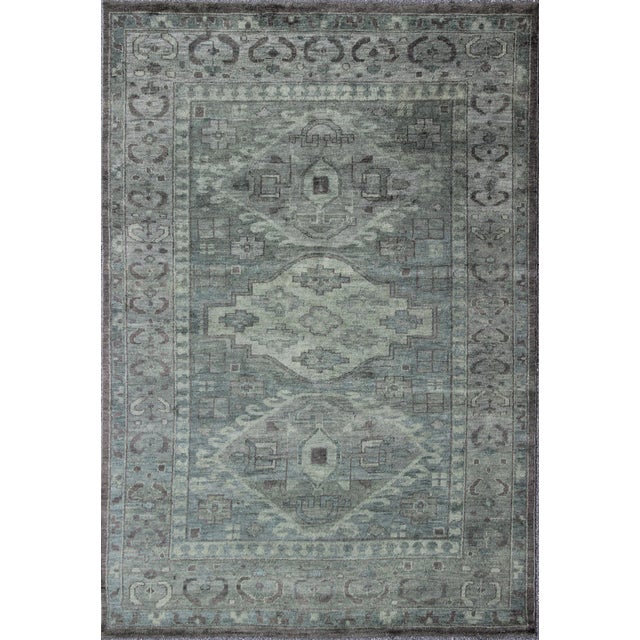 Large Modern Khotan Rug With Geometric Design in Various Shades of Green and Brown For Sale