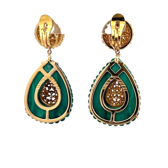 1970s Vintage Italian 18k Gold Diamond & Carved Malachite Convertible Drop Earrings, 1970s, A Pair For Sale - Image 5 of 9