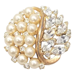 Vintage 1950s Signed Trifari Round Rhodium Plated Faux-Pearl & Clear Rhinestone Brooch