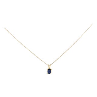 14K Yellow Gold 6x4MM Oval Shaped Blue Sapphire Solitaire Pendant Necklace For Sale