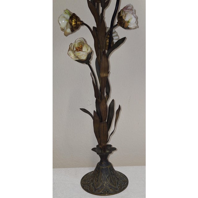 Metal Art Deco French Table Lamp with Metal Frame, Porcelain Flowers, and Fabric Shade, 1930s For Sale - Image 7 of 11