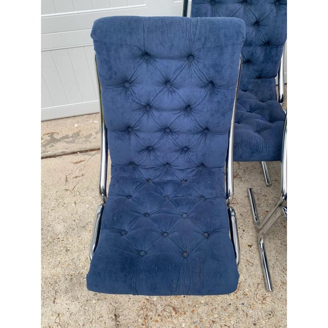 MCM Daystrom Chrome Cantilever Blue Tufted Dining Chairs (Milo Baughman Style) - Set of 6 For Sale - Image 9 of 12