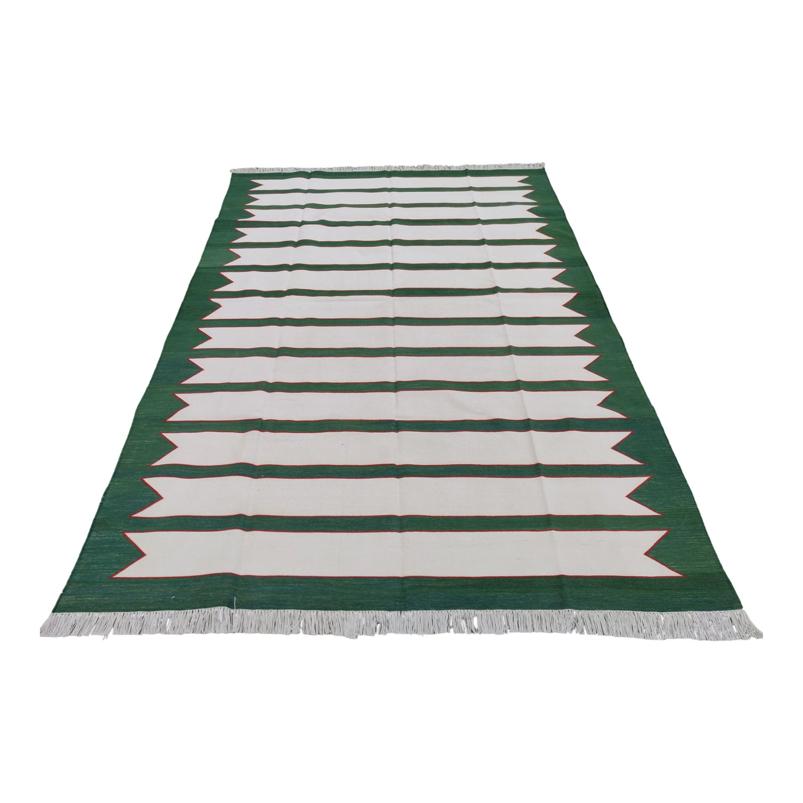 Handmade Green and Red Geometric Border and Cream Fringe Cotton Rug ...