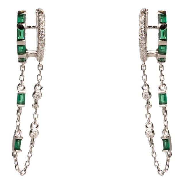 Emerald Stone Design Sterling Silver & Diamond Dangle Earrings, A Pair For Sale