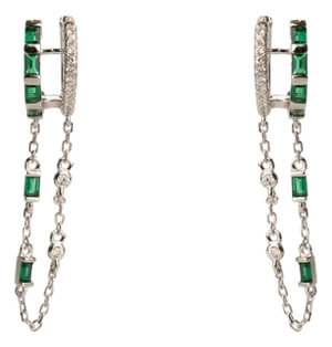 Emerald Stone Design Sterling Silver & Diamond Dangle Earrings, A Pair