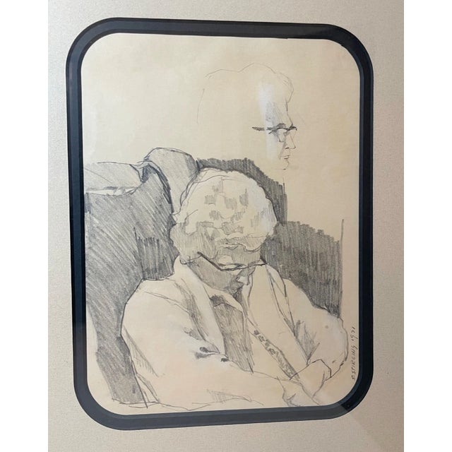 Vintage 1971 Original S Stirling Stylized Pencil Conte Drawing Sketch Elder Lady For Sale - Image 9 of 11