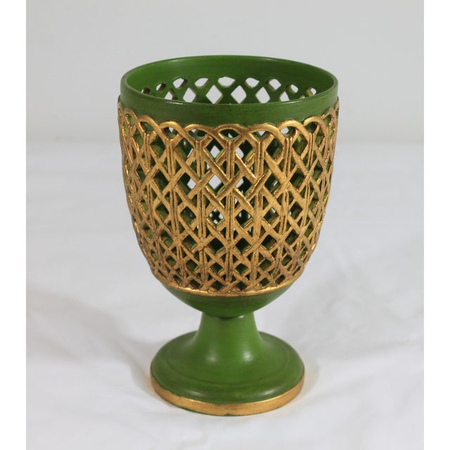 Vintage ceramic green and gold reticulated footed vase. Made in Italy. Two small flaws on painted finish. Pictured. Marked...