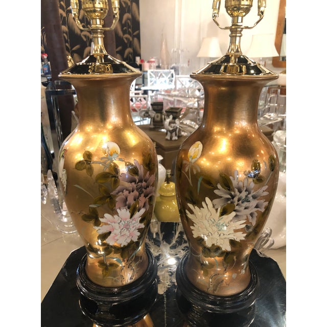Vintage Chinoiserie Gold Leaf Brass Floral Birds Table Lamps -A Pair For Sale - Image 9 of 13