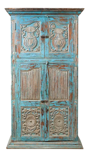 Antique Indian Distressed Wooden Cabinet with Hand Rubbed Blue Patina