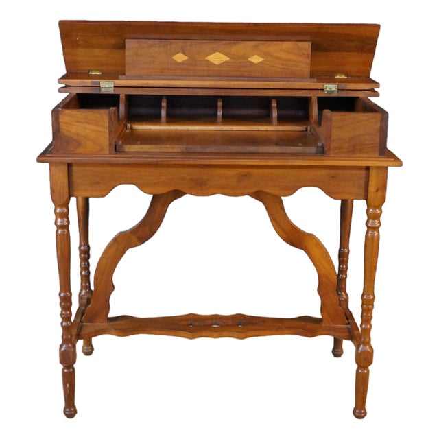 Antique Mission Arts & Crafts Walnut Inlaid Spinet Secretary Desk Console Table For Sale
