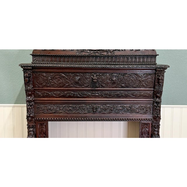 Antique French Fireplace Mantel Surround Renaissance Revival Carved Oak 19thC For Sale - Image 13 of 17