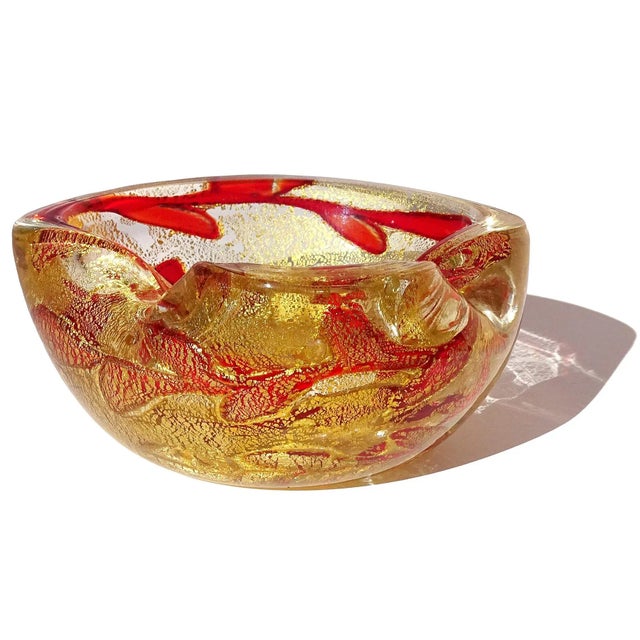 Beautiful and rare, vintage Murano hand blown gold flecks and bright red vine leaf design Italian art glass bowl or...
