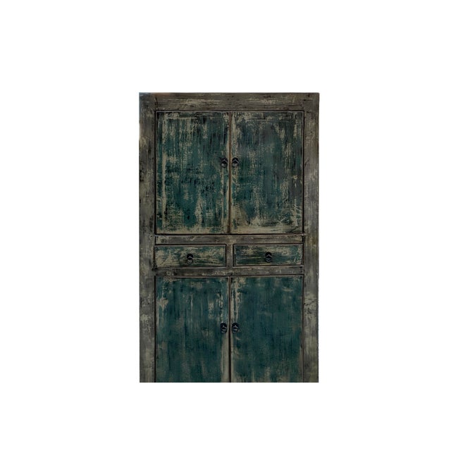 Distressed Olive Green Rim Teal Blue Doors Storage Cabinet For Sale - Image 4 of 5