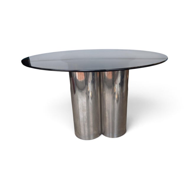 Metal Round Smoked Glass Table with Three-Cylinder Chromed Steel Base, 1970s For Sale - Image 7 of 7