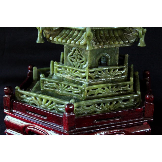 Vintage Chinese Jade Pagoda Sculpture – Hand-Carved Multi-Tier Celadon Green Temple Tower, Asian Feng Shui Decorative Stone Figurine on Red Wood Stand For Sale - Image 11 of 17