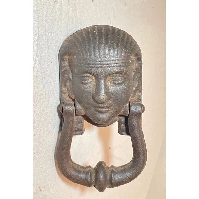 Metal Antique 19th Century Egyptian Revival Sphinx Cast Iron Figural Door Knocker For Sale - Image 7 of 11