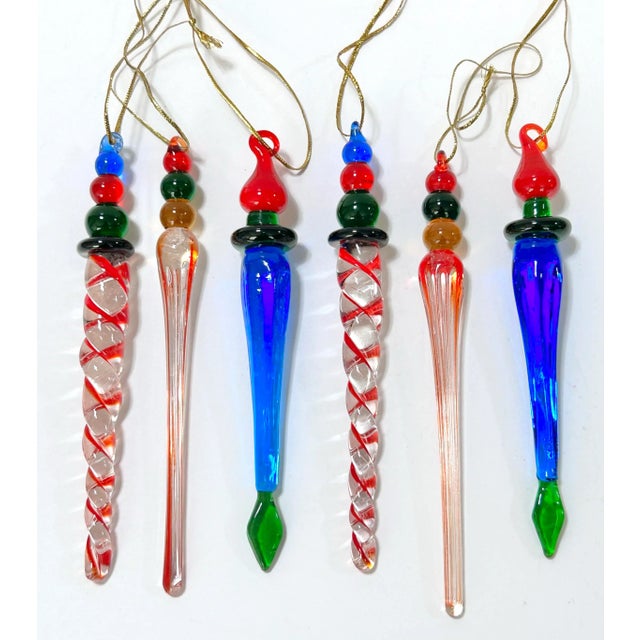 Glass Vintage Large Handblown Glass Icicle Christmas Ornaments, Multicolor Set Of For Sale - Image 7 of 9