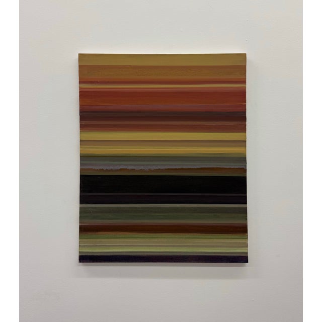 A contemporary abstract painting featuring layered horizontal bands in rich rust, ochre, olive, charcoal, and muted plum...