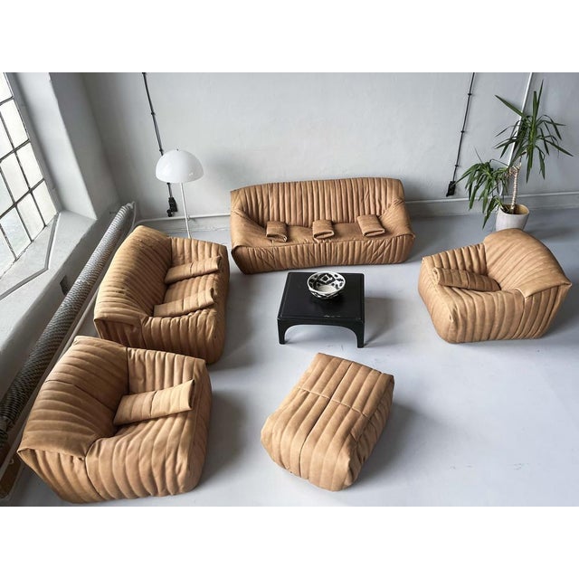 1970s Camel Brown Leather Sandra Sofa Set by Annie Hieronimus for Ligne Roset, 1973, Set of 5 For Sale - Image 5 of 18