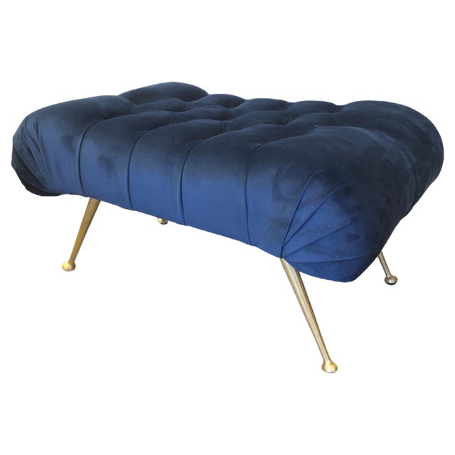 Mid-Century Italian Blue Velvet Brass Legs Footstools, 1950s For Sale