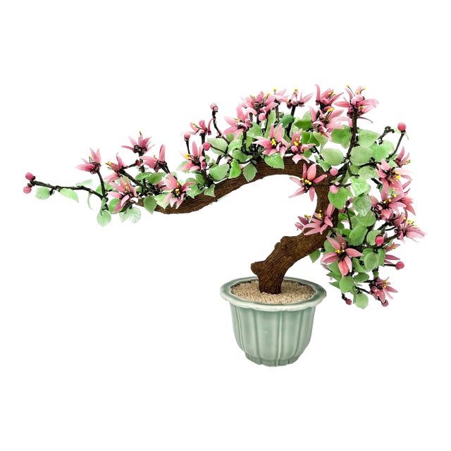 Oversized Handcrafted Glass Jade Blossom Bonsai Tree in Celadon Pot – Asian / Chinoiserie For Sale
