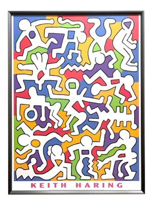 Keith Haring Estate Vintage 1999 Lithograph Print Framed Pop Art Poster " Palladium Backdrop " 1985