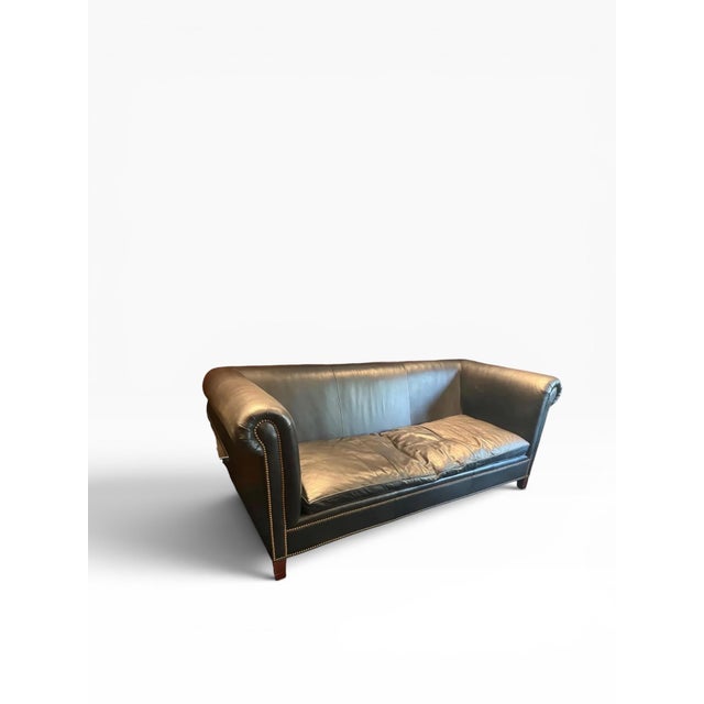 English 1990s Ralph Lauren Vintage Brompton Distressed Leather Sofa, English Cowhide & Custom Wool Cushions Cushions For Sale - Image 3 of 14