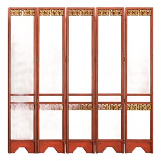 Chinoiserie Five Panel Red Lacquer & Gilt Mirror Screen For Sale