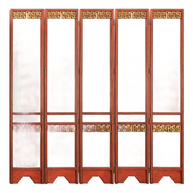 Chinoiserie Five Panel Red Lacquer & Gilt Mirror Screen For Sale