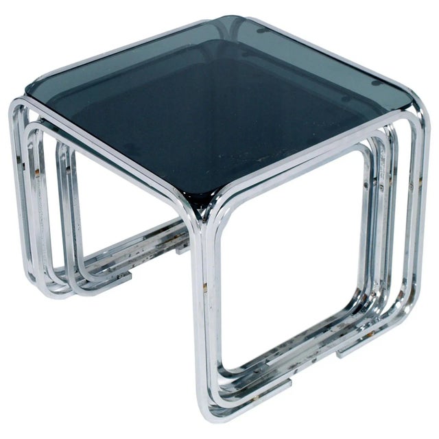 Glass & Chromed Tubular Steel Nesting Tables in the Style of Marcel Breuer, 1950s, Set of 3 For Sale - Image 6 of 6