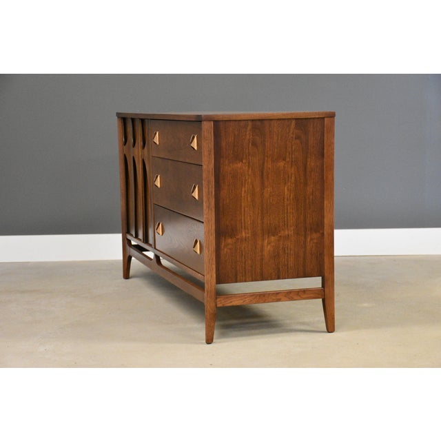 Broyhill Brasilia 1960s Refinished Broyhill Brasilia 54” Walnut Dresser Credenza For Sale - Image 4 of 10
