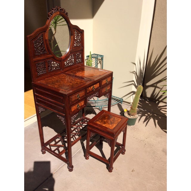 20th Century Chinese Burl Wood and Blackwood Dressing Table with Stool - 2 Pieces For Sale - Image 11 of 12