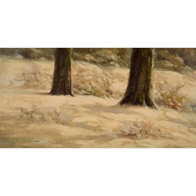 1940s "One Winter Evening" Northwest in Winter Snow and Stream - Oil on Linen by Thomas Fenton For Sale - Image 5 of 7