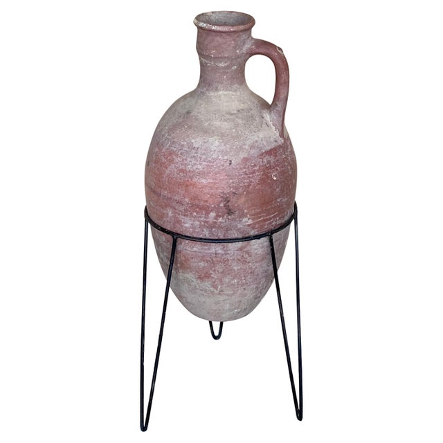 Ceramic 1890 Terracotta Amphora Vase or Jar with handle with metal support For Sale - Image 7 of 18