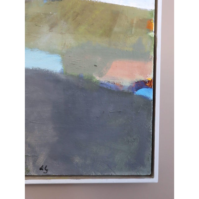 Blue Mid-Century Modern 'House Above the Fields' Vintage Original Abstract Landscape Oil Painting, Framed For Sale - Image 8 of 14