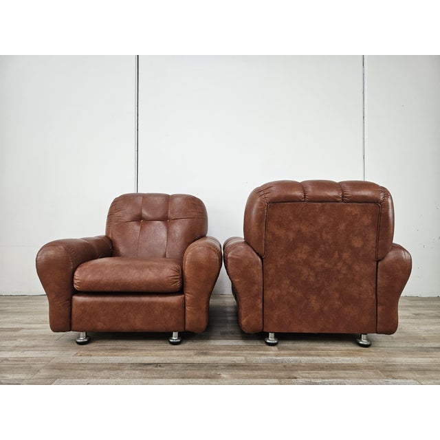 Vintage Italian Brown Leather Club Chairs, 1970s, Set of 2 For Sale - Image 4 of 17