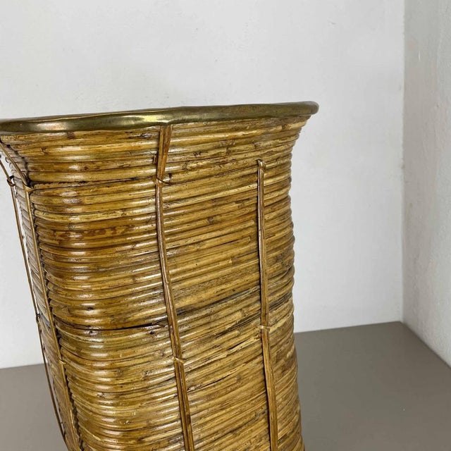 Bauhaus Rattan and Brass Umbrella Stand in the style of Aubock, France, 1960s For Sale - Image 9 of 18