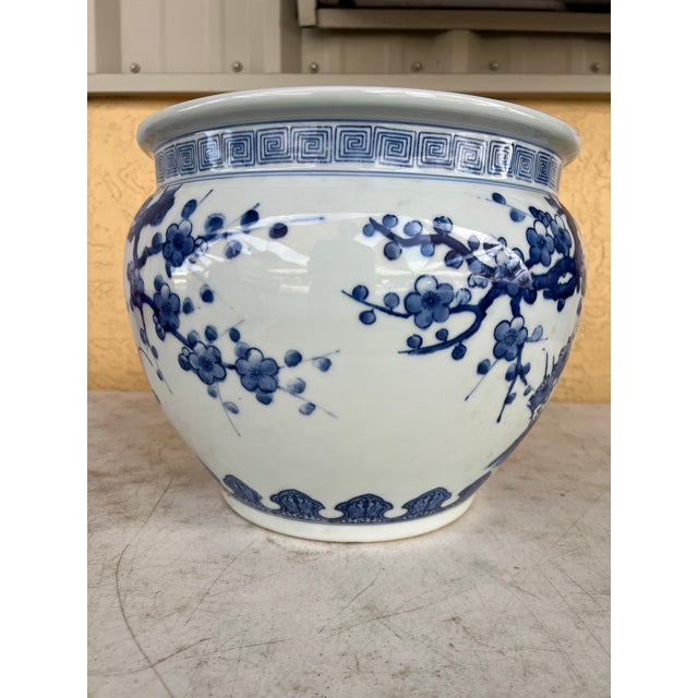 Mid 20th Century Vintage Japanese Blue & White Bird & Cherry Blossom Jardinière / Planter For Sale - Image 5 of 9