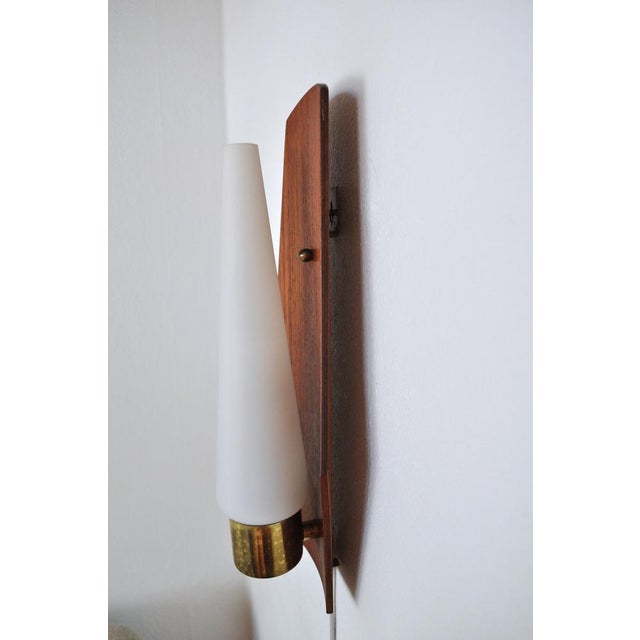 Scandinavian Modern Wall Light in Teak, Brass and Opaline Glass, 1960s For Sale - Image 4 of 16