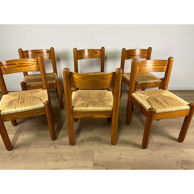 Wood Vintage Oak and Straw Chairs by Charlotte Perriand, 1960s, Set of 6 For Sale - Image 7 of 9